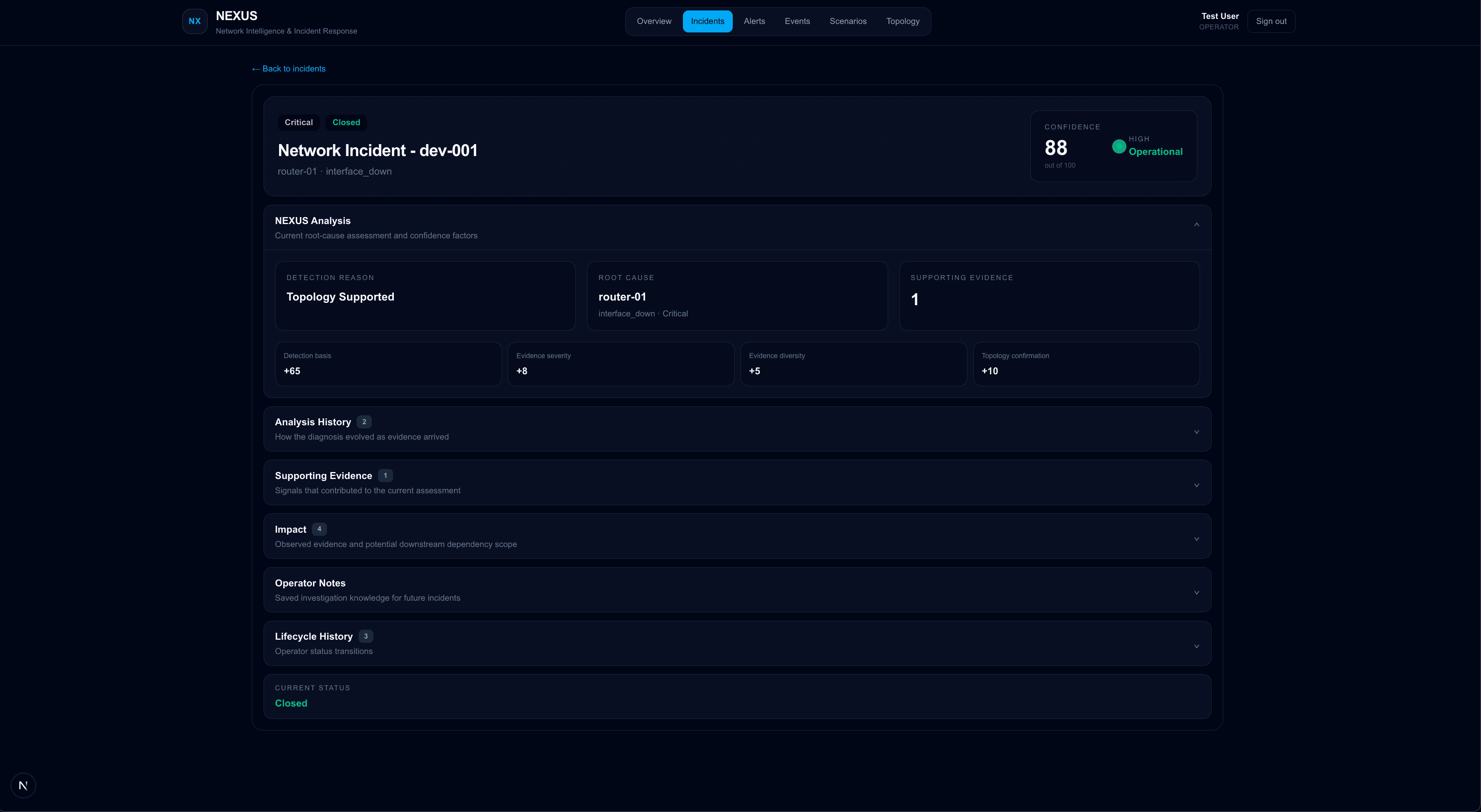 NEXUS incident detail with analysis and confidence scoring